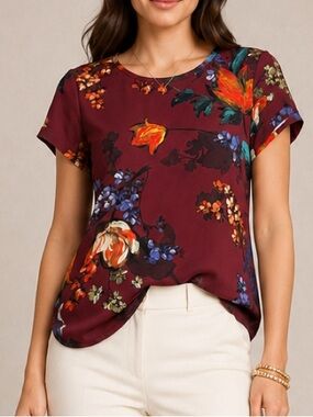 Express Floral Short-Sleeve Blouse in Burgundy with Multicolor Print